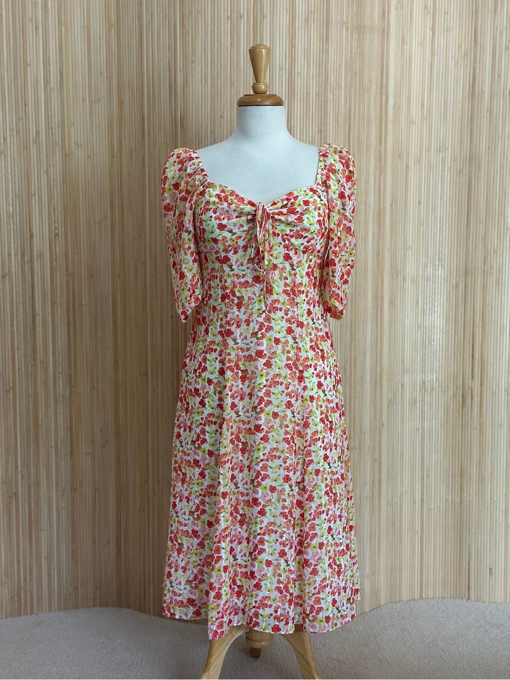 BCBGeneration Cream Midi Dress with Red & Green Floral Print